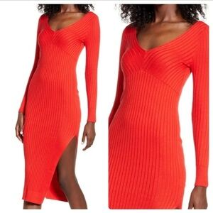 Leith party orange red long sleeve bodycon ribbed knit pullover long dress Sz XL